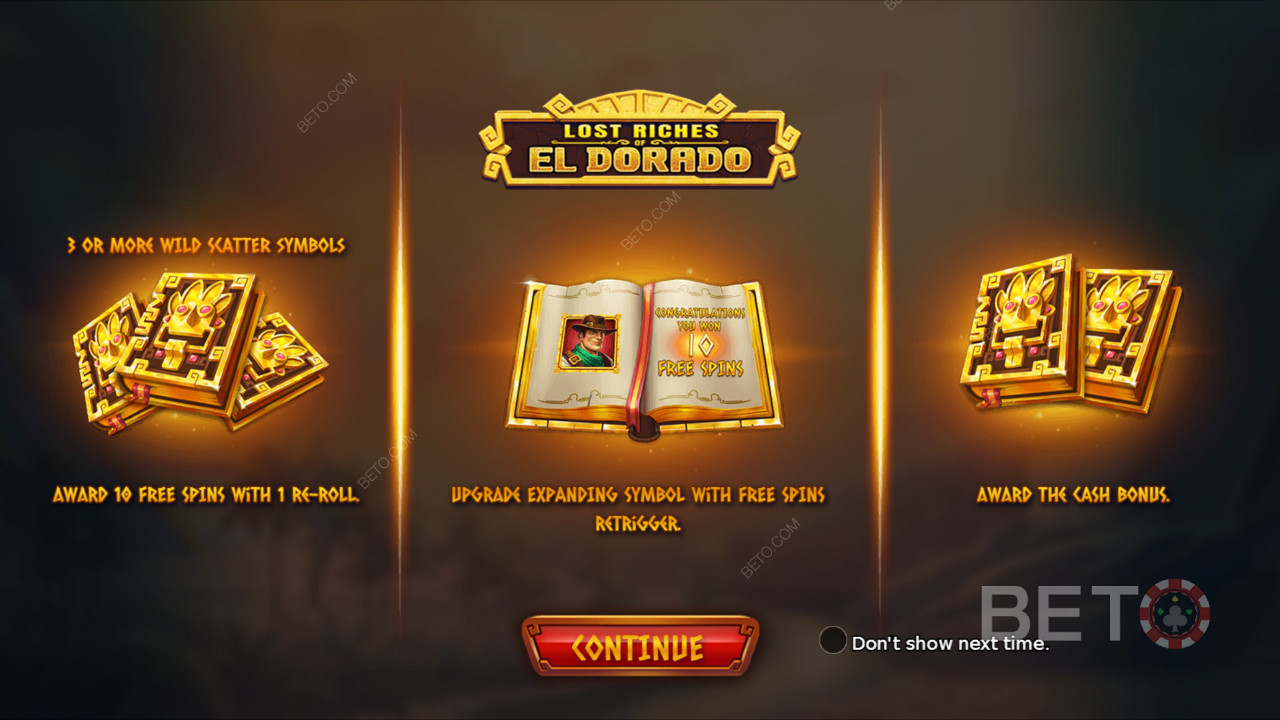 Schermata introduttiva di Lost Riches of El Dorado che fornisce alcune informazioni