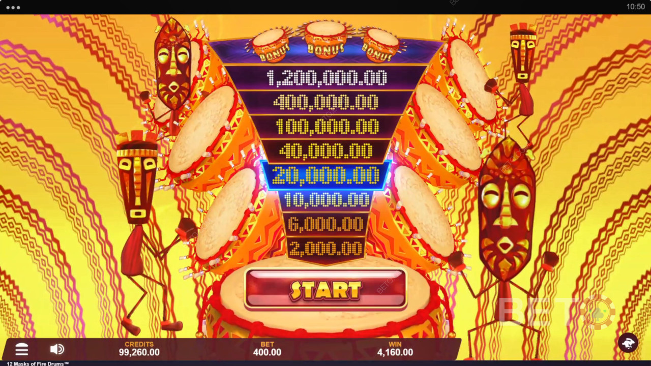 Vinci 3.125x la tua scommessa nella slot machine 12 Masks of Fire Drums!