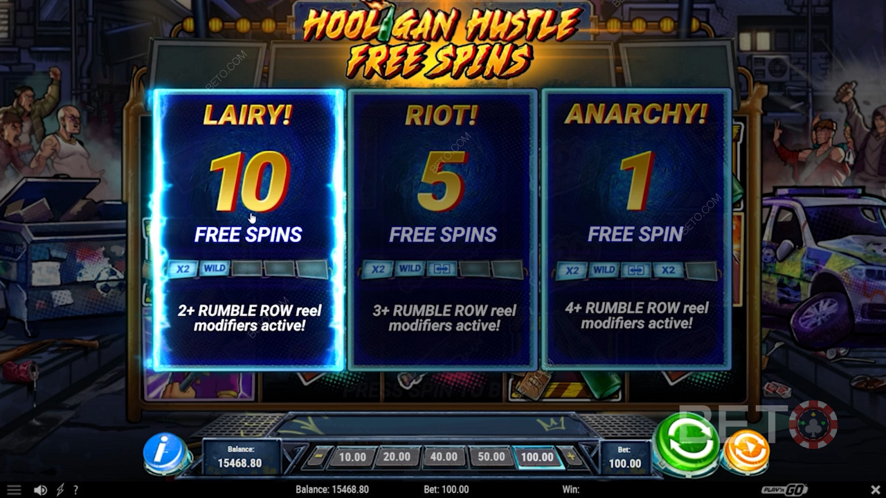 Scegliere il tipo di Free Spin nella slot machine Hooligan Hustle