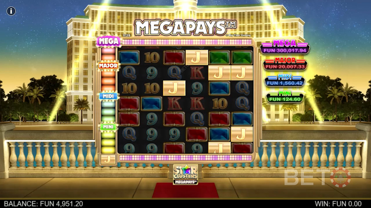 Atterraggio di almeno 4 istanze del simbolo Megapays per vincere nella slot Star Clusters Megapays