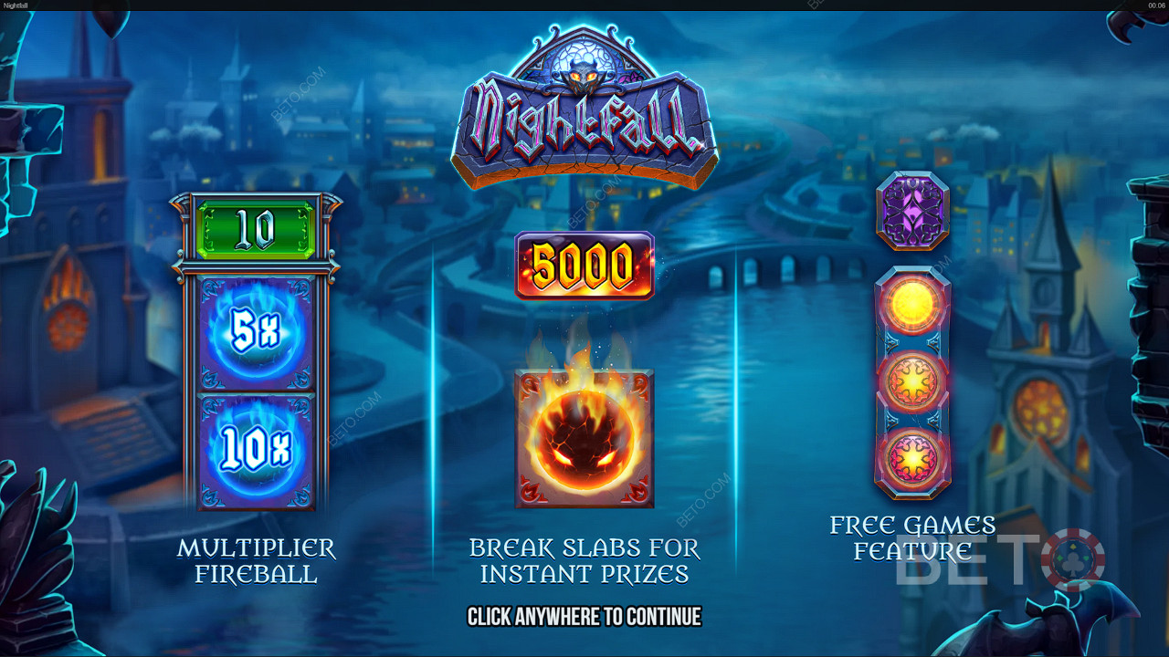 Godetevi le incredibili funzioni come le palle di fuoco con moltiplicatore e i giri gratis della slot Nightfall.