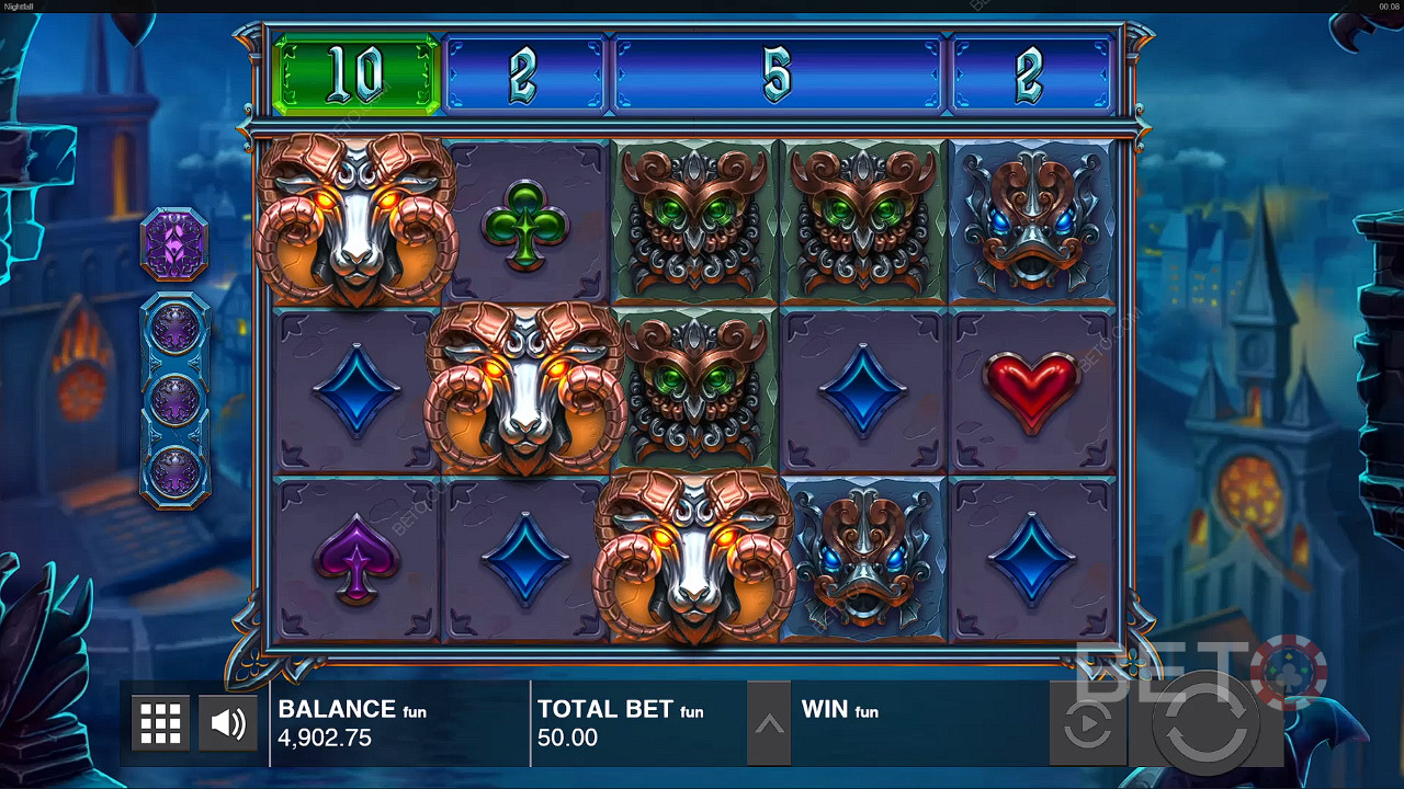 Fate atterrare i simboli corrispondenti da sinistra a destra per ottenere una vincita nella slot machine Nightfall