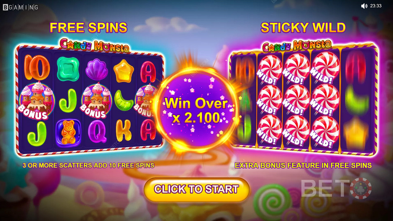 Gioca a Candy Monsta Slot - ora per avere la possibilità di vincere premi in denaro del valore di 1.000 volte la puntata totale.