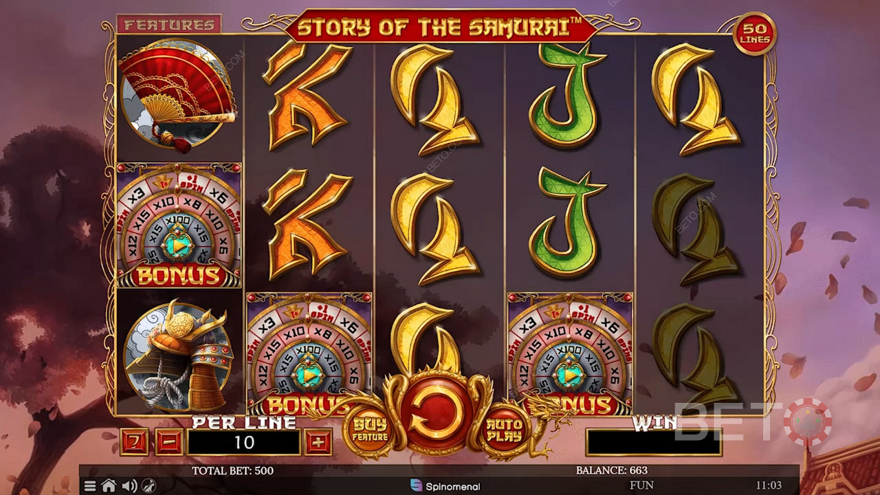 3 o più simboli bonus attivano la partita bonus della slot Story of The Samurai.