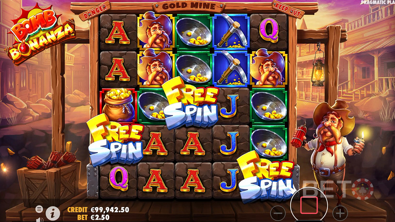 3 Scatter attivano i Free Spins nella slot machine Bomb Bonanza.