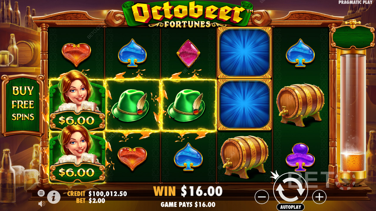 I simboli del denaro appaiono spesso anche nel gioco base della slot Octobeer Fortunes.