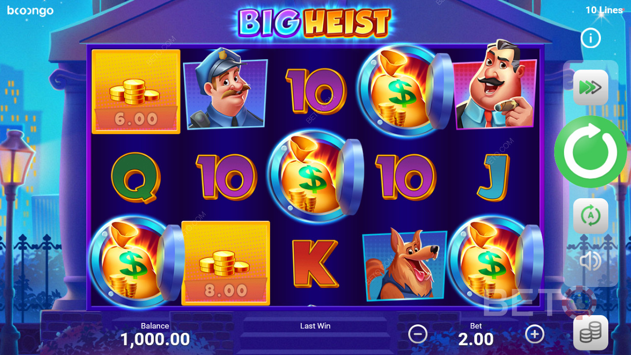 Big Heist è uno scontro contro tutte le puntate su una griglia 5x3 e 10 linee di pagamento fisse.