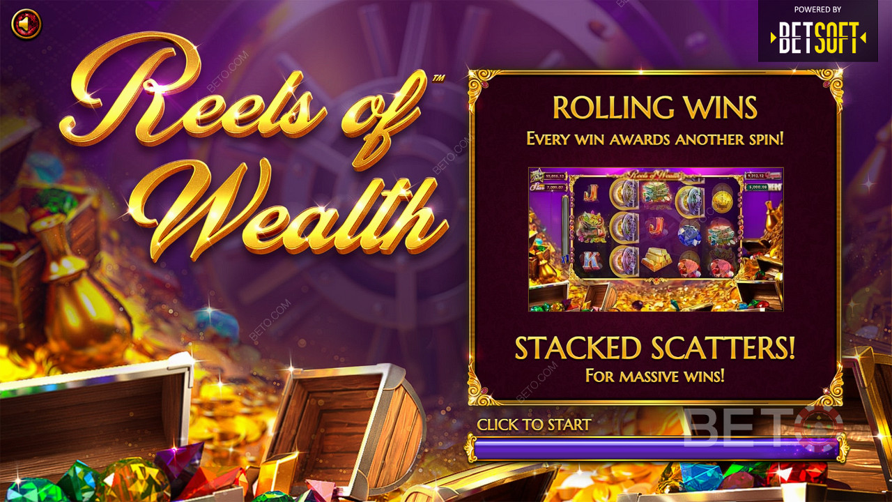Caratteristiche come le vincite rotanti e i pagamenti scatter si completano a vicenda nella slot Reels of Wealth.
