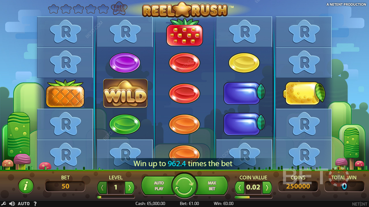 I simboli Wild appaiono spesso per aiutare a creare vincite nella slot machine Reel Rush.