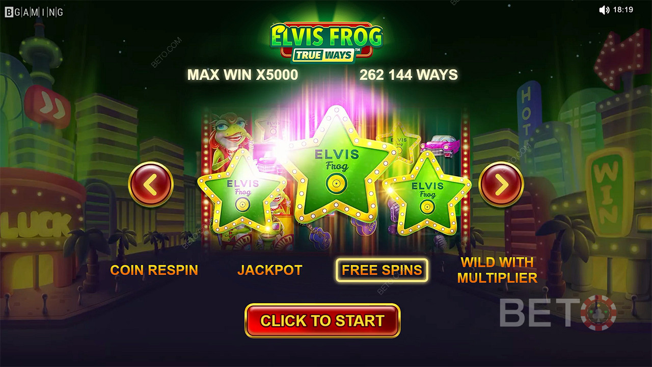 Free Spins, Multiplier Wilds e altre funzioni sono disponibili nella slot Elvis Frog TrueWays.