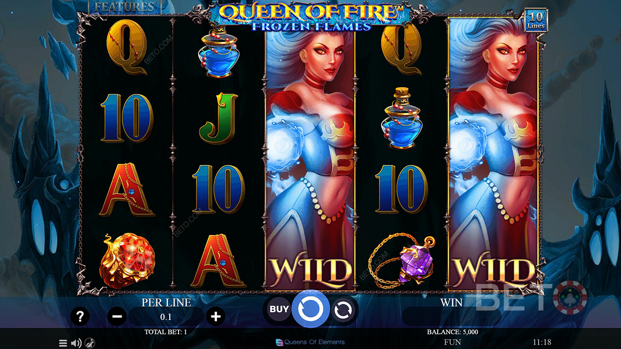 Divertiti con gli Expanding Wilds nel gioco base della slot Queen of Fire - Frozen Flames